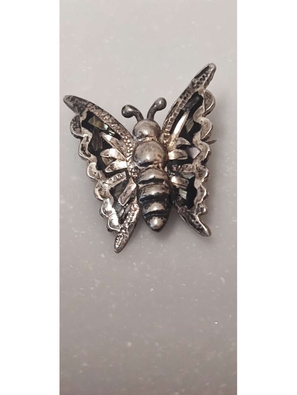 Vintage Mexico Butterfly Brooch MOP Shell Inlay Openwork Figural Pin